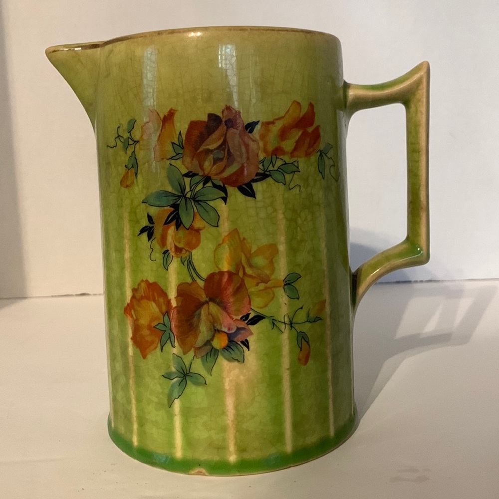 Vintage creamer pitcher, American Limoges China Co. green with flowers,farmhouse